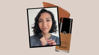A collage of an Allure editor holding the Chanel Ultra Le Teint foundation alongside a product silo of the Armani Beauty...